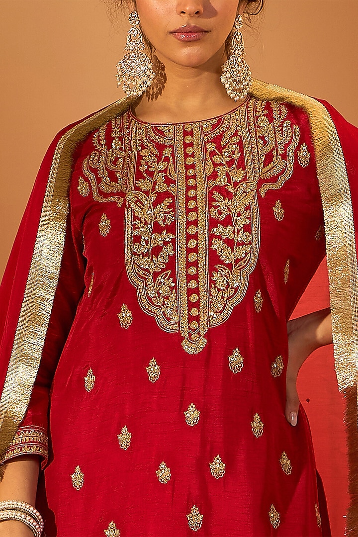 Red Viscose Raw Silk & Silk Organza Embroidered Kurta Set by RoohbyRidhimaa at Pernia's Pop Up Shop