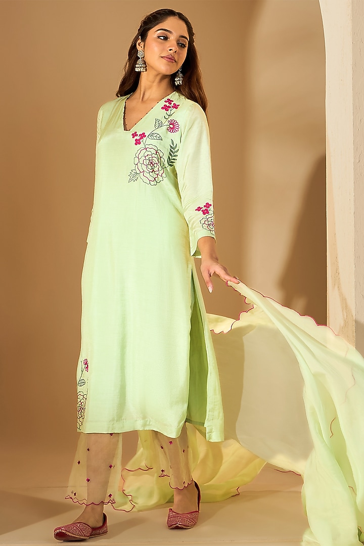 Pastel Green Viscose Raw Silk & Organza Sequins Embroidered Kurta Set by RoohbyRidhimaa at Pernia's Pop Up Shop