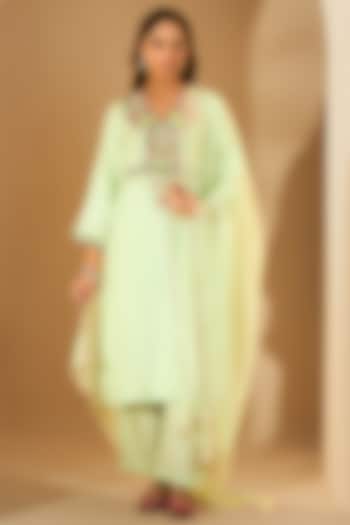 Pastel Green Viscose Raw Silk & Organza Resham Embroidered Kurta Set by RoohbyRidhimaa at Pernia's Pop Up Shop