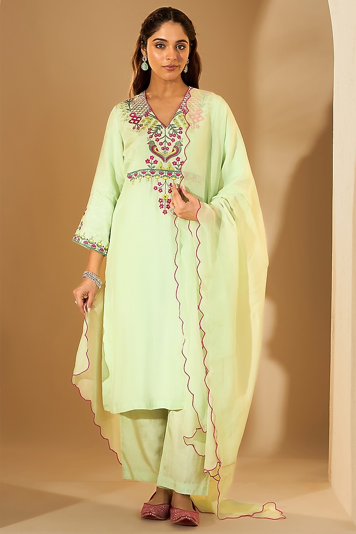 Pastel Green Viscose Raw Silk & Organza Resham Embroidered Kurta Set by RoohbyRidhimaa at Pernia's Pop Up Shop