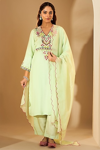 Pastel Green Viscose Raw Silk & Organza Resham Embroidered Kurta Set by RoohbyRidhimaa
