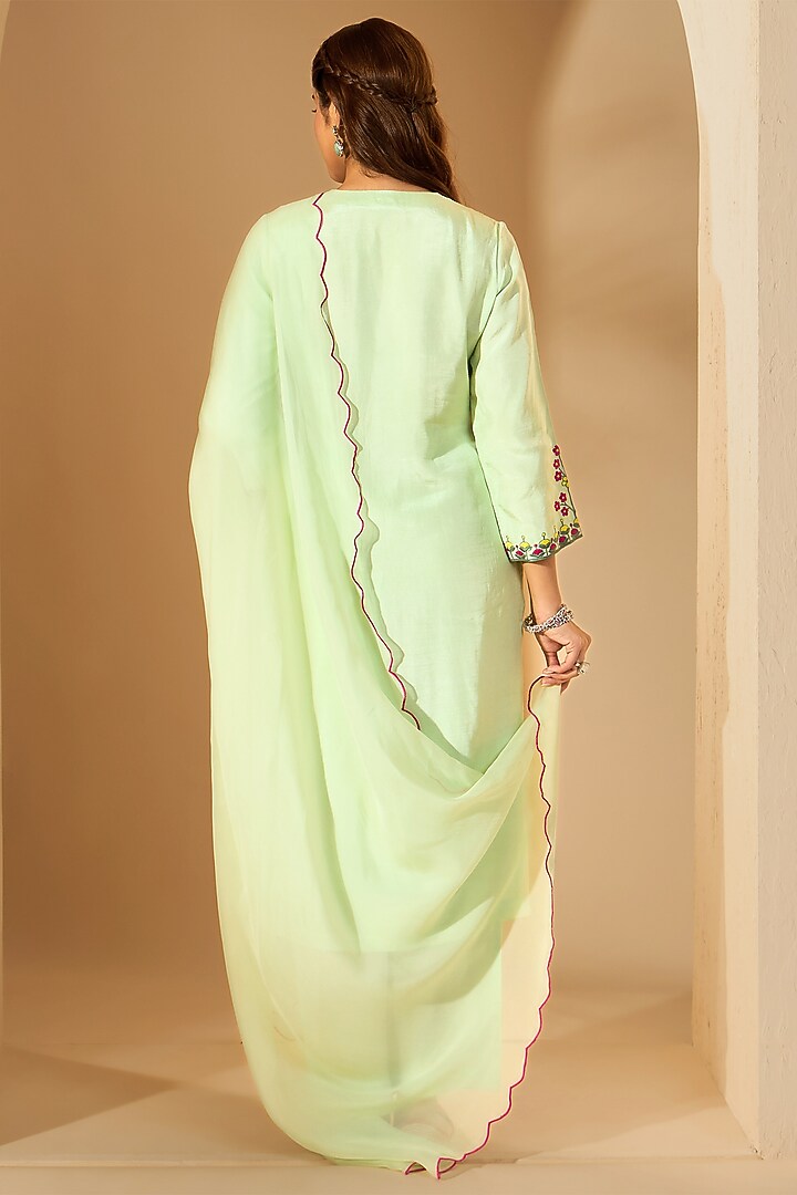 Pastel Green Viscose Raw Silk & Organza Resham Embroidered Kurta Set by RoohbyRidhimaa at Pernia's Pop Up Shop