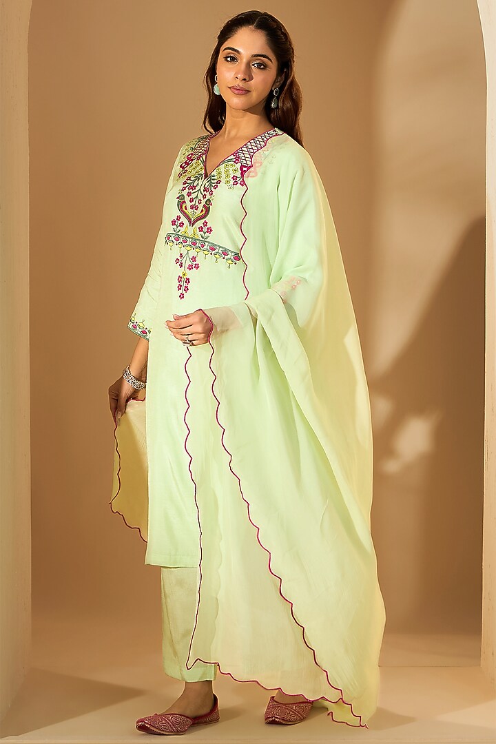 Pastel Green Viscose Raw Silk & Organza Resham Embroidered Kurta Set by RoohbyRidhimaa at Pernia's Pop Up Shop