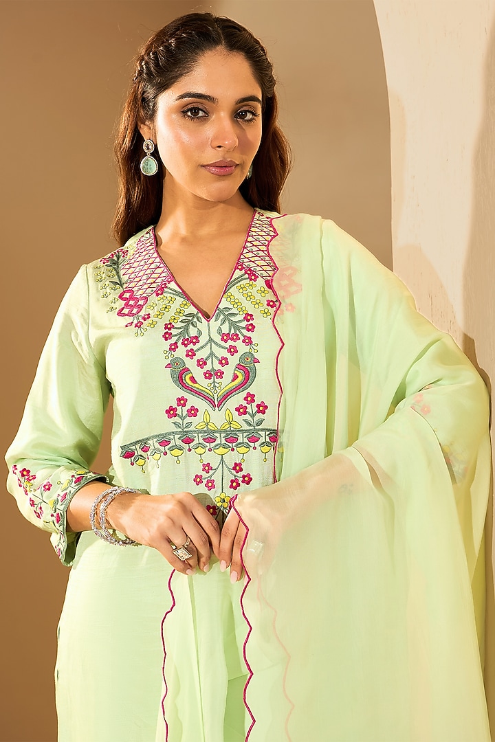 Pastel Green Viscose Raw Silk & Organza Resham Embroidered Kurta Set by RoohbyRidhimaa at Pernia's Pop Up Shop