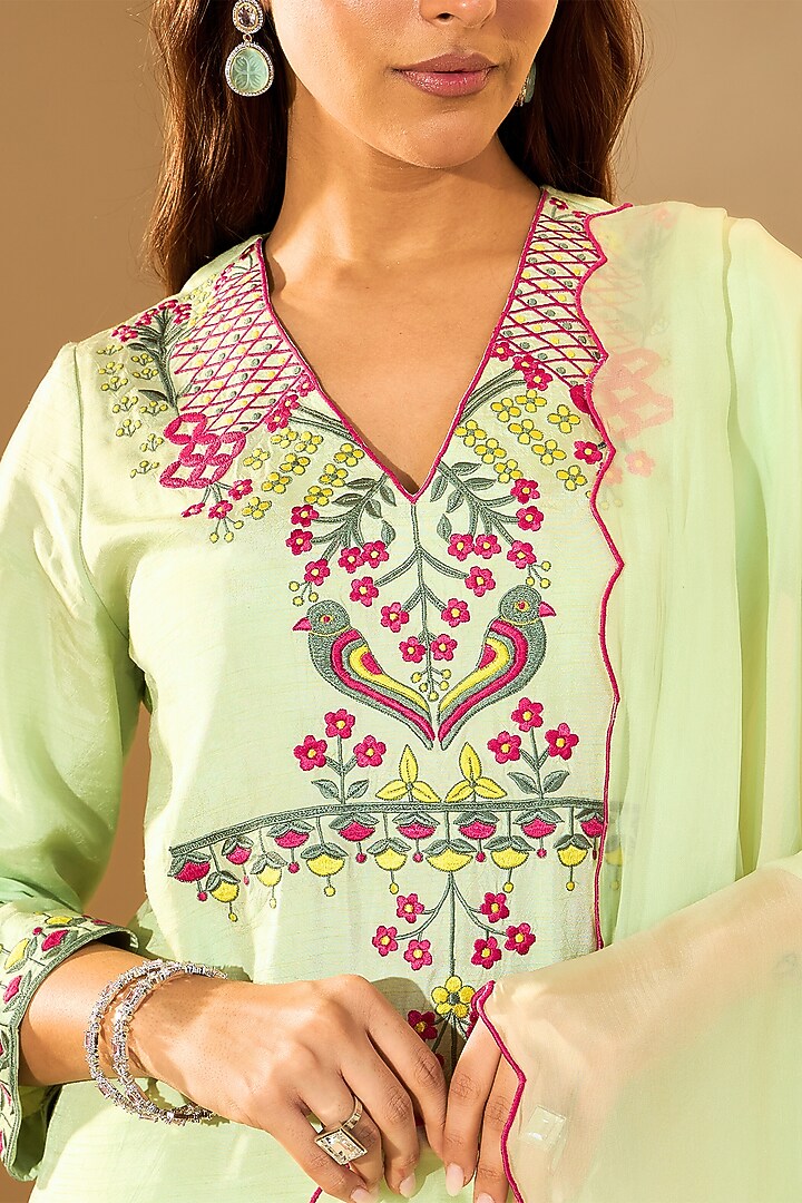 Pastel Green Viscose Raw Silk & Organza Resham Embroidered Kurta Set by RoohbyRidhimaa at Pernia's Pop Up Shop