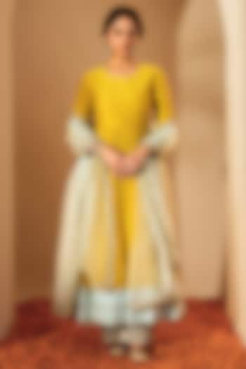 Mustard Yellow Silk Chanderi & Silk Organza Embroidered Wedding Anarkali Set by RoohbyRidhimaa at Pernia's Pop Up Shop