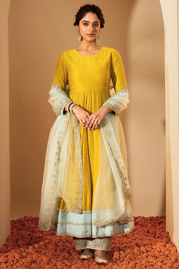 Mustard Yellow Silk Chanderi & Silk Organza Embroidered Wedding Anarkali Set by RoohbyRidhimaa at Pernia's Pop Up Shop