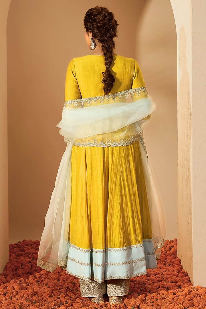 Mustard Yellow Silk Chanderi & Silk Organza Embroidered Wedding Anarkali Set by RoohbyRidhimaa at Pernia's Pop Up Shop