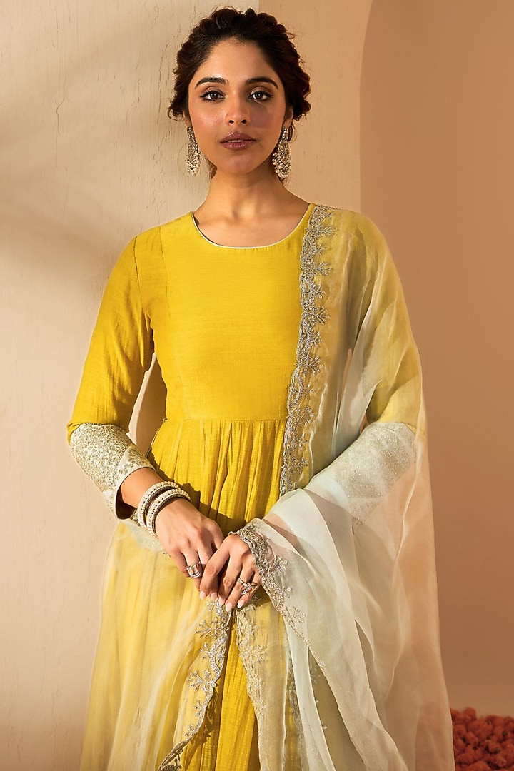Mustard Yellow Silk Chanderi & Silk Organza Embroidered Wedding Anarkali Set by RoohbyRidhimaa at Pernia's Pop Up Shop