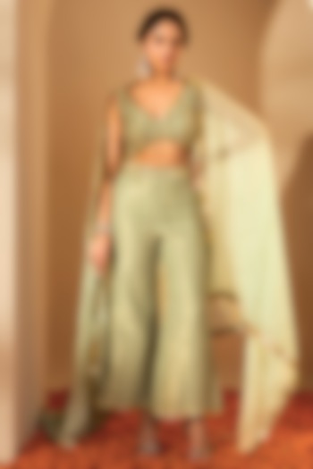 Sage Green Silk Chanderi & Silk Organza Pant Set by RoohbyRidhimaa at Pernia's Pop Up Shop