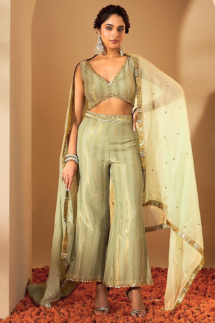 Sage Green Silk Chanderi & Silk Organza Pant Set by RoohbyRidhimaa at Pernia's Pop Up Shop