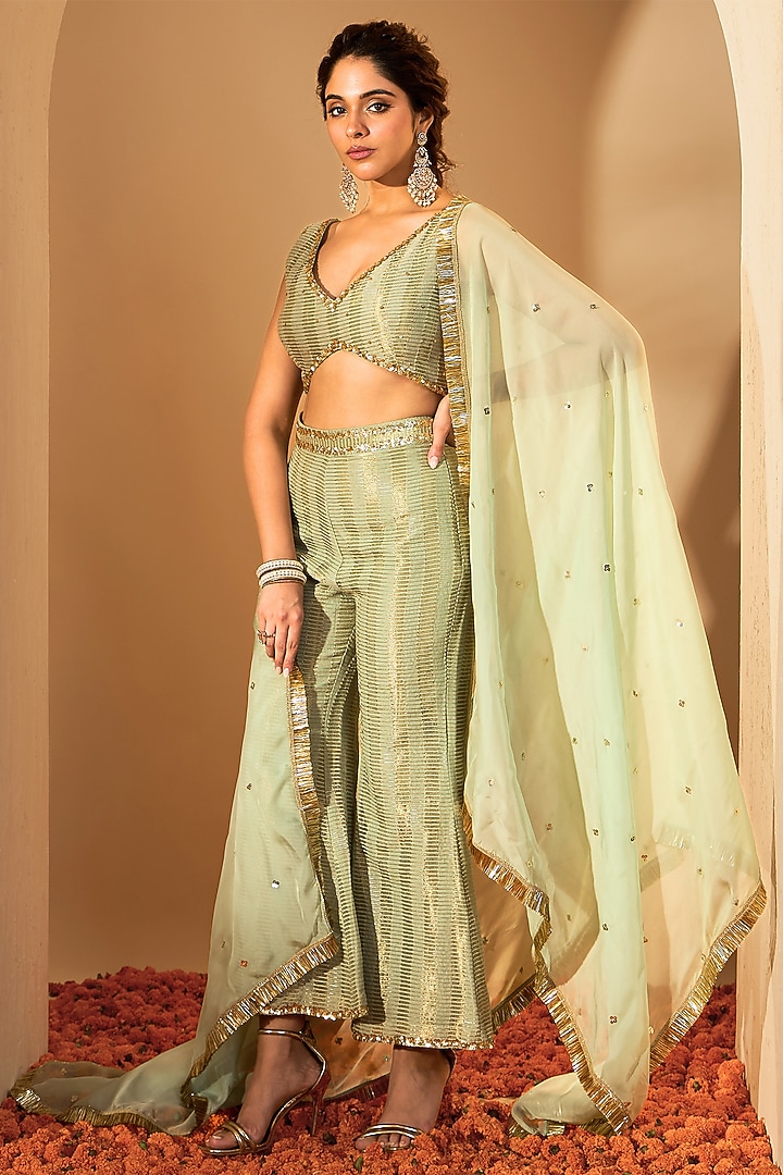 Sage Green Silk Chanderi & Silk Organza Pant Set by RoohbyRidhimaa at Pernia's Pop Up Shop