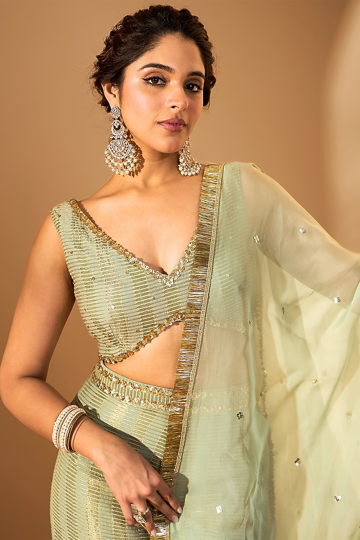 Sage Green Silk Chanderi & Silk Organza Pant Set by RoohbyRidhimaa at Pernia's Pop Up Shop