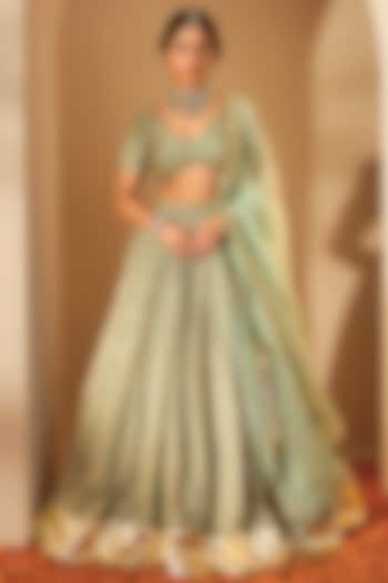 Sage Green Silk Chanderi & Silk Organza Sequins Hand Embroidered Wedding Lehenga Set by RoohbyRidhimaa at Pernia's Pop Up Shop