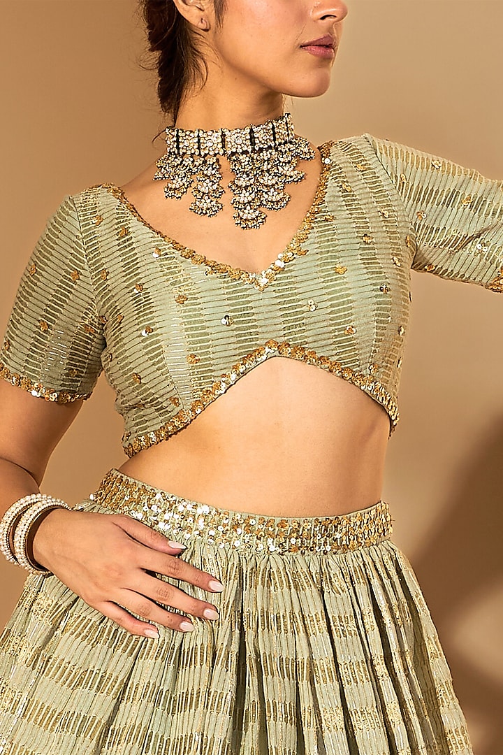 Sage Green Silk Chanderi & Silk Organza Sequins Hand Embroidered Wedding Lehenga Set by RoohbyRidhimaa at Pernia's Pop Up Shop