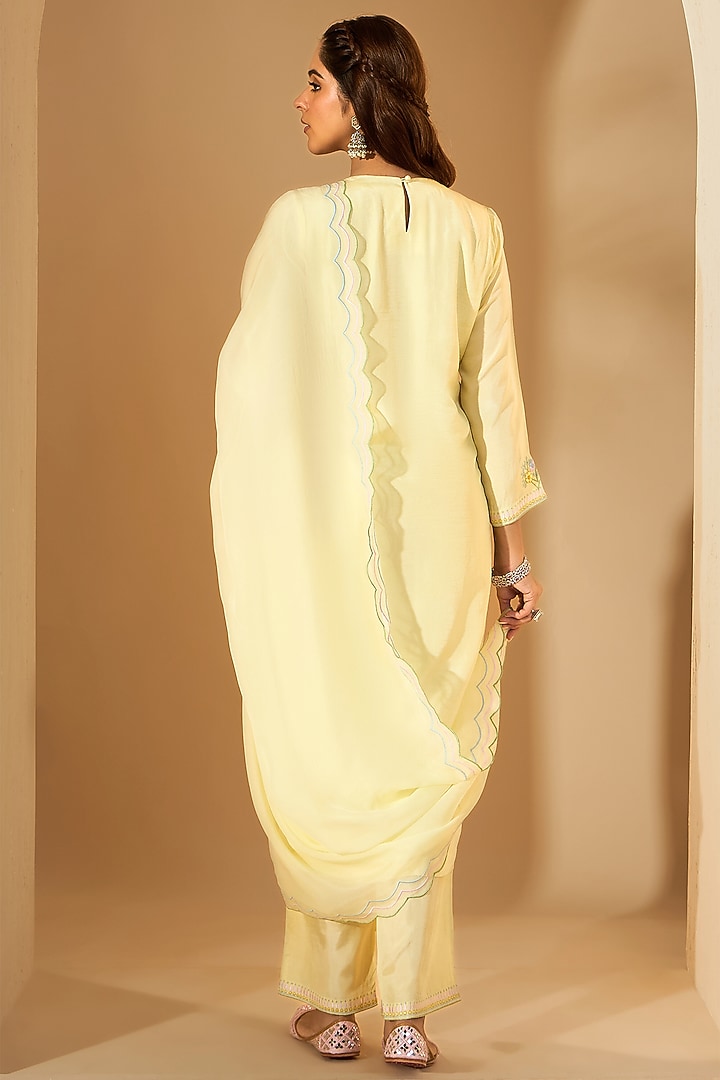 Powder Yellow Viscose Raw Silk & Organza Resham Embroidered Kurta Set by RoohbyRidhimaa at Pernia's Pop Up Shop