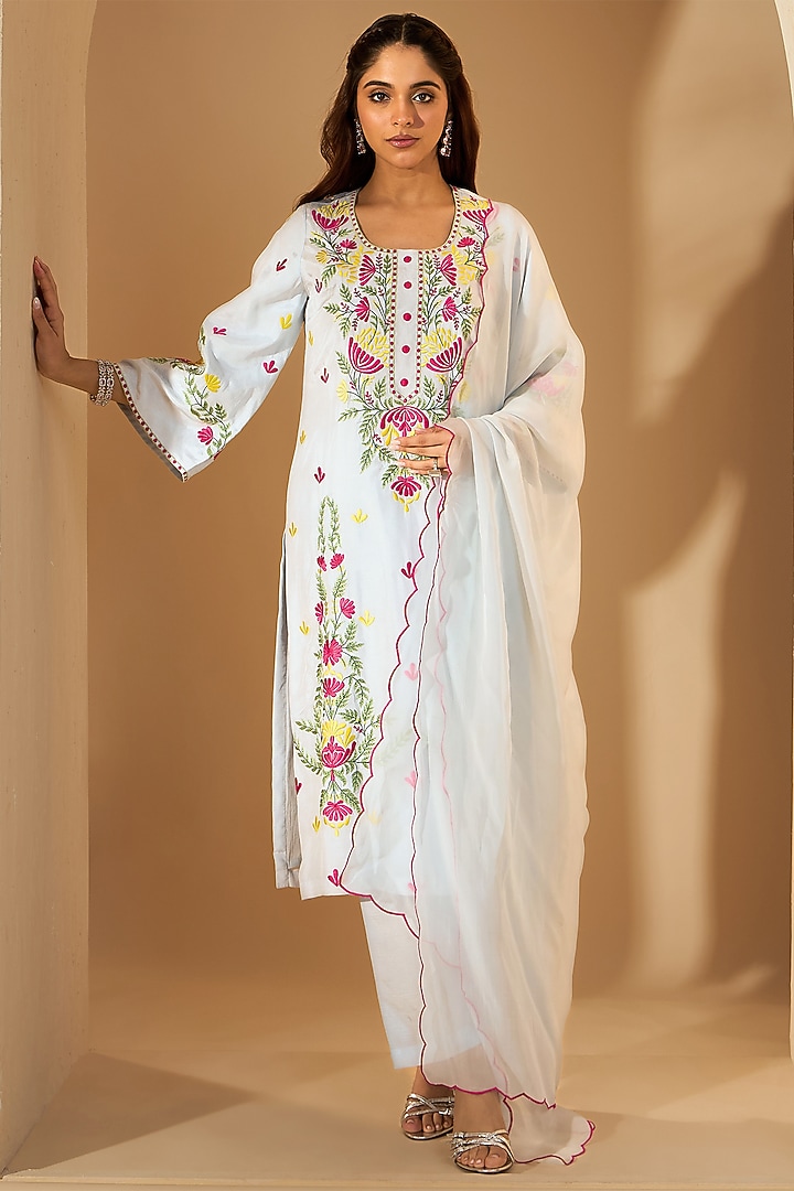 Powder Blue Viscose Raw Silk & Organza Resham Embroidered Kurta Set by RoohbyRidhimaa at Pernia's Pop Up Shop