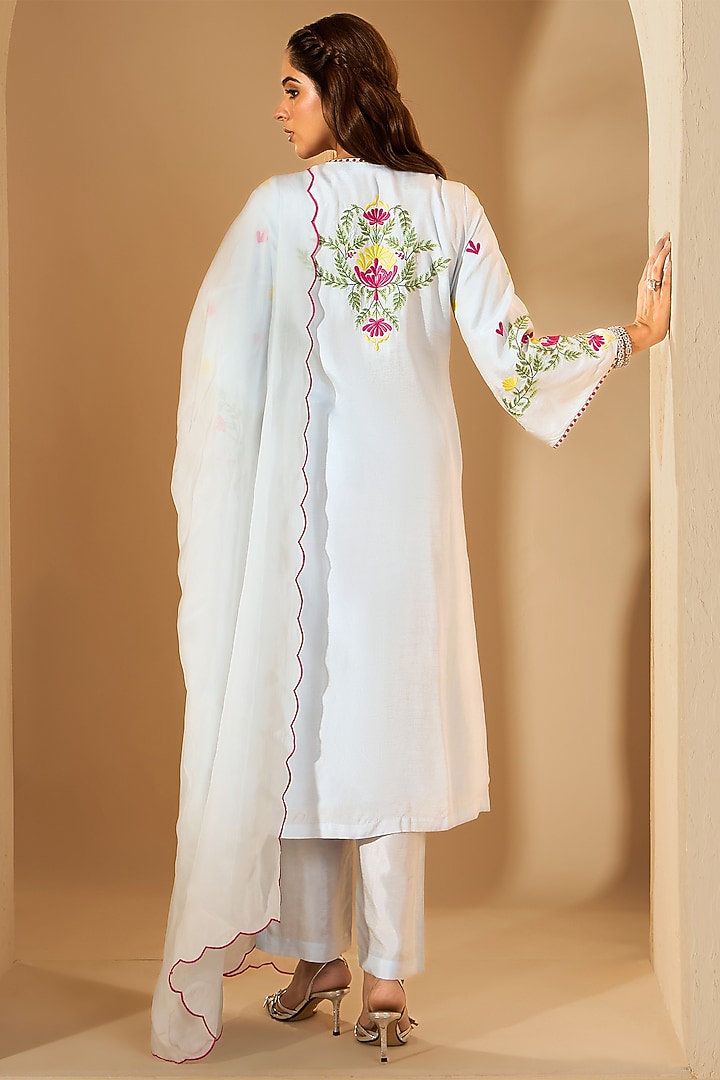 Powder Blue Viscose Raw Silk & Organza Resham Embroidered Kurta Set by RoohbyRidhimaa at Pernia's Pop Up Shop