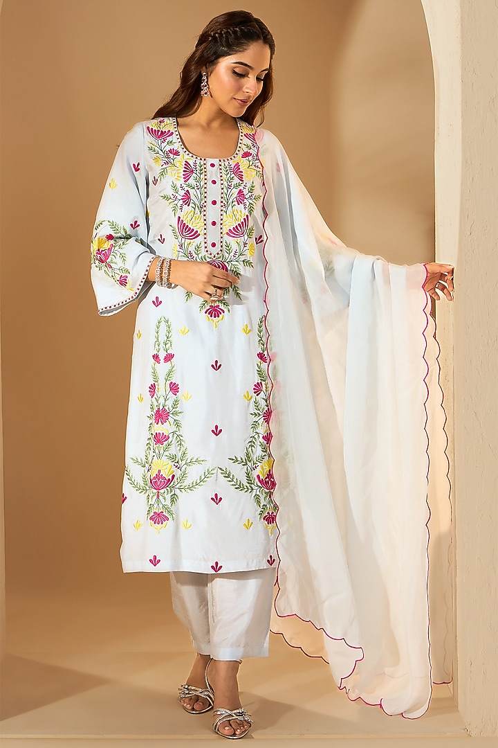 Powder Blue Viscose Raw Silk & Organza Resham Embroidered Kurta Set by RoohbyRidhimaa at Pernia's Pop Up Shop