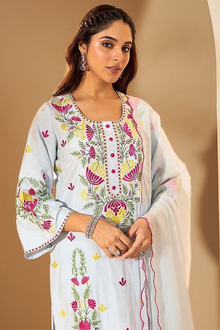 Powder Blue Viscose Raw Silk & Organza Resham Embroidered Kurta Set by RoohbyRidhimaa at Pernia's Pop Up Shop