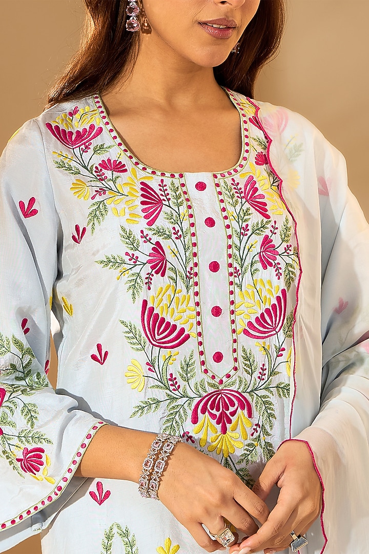 Powder Blue Viscose Raw Silk & Organza Resham Embroidered Kurta Set by RoohbyRidhimaa at Pernia's Pop Up Shop