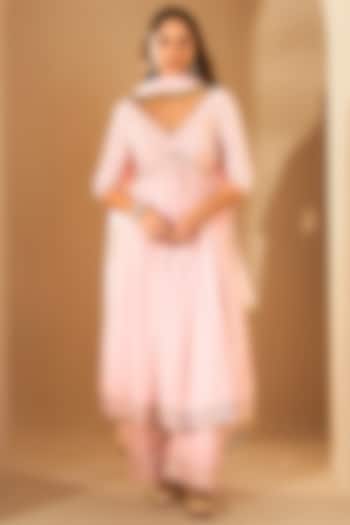 Pastel Pink Fine Georgette & Silk Organza Hand Embroidered Party Wear Anarkali Set by RoohbyRidhimaa at Pernia's Pop Up Shop