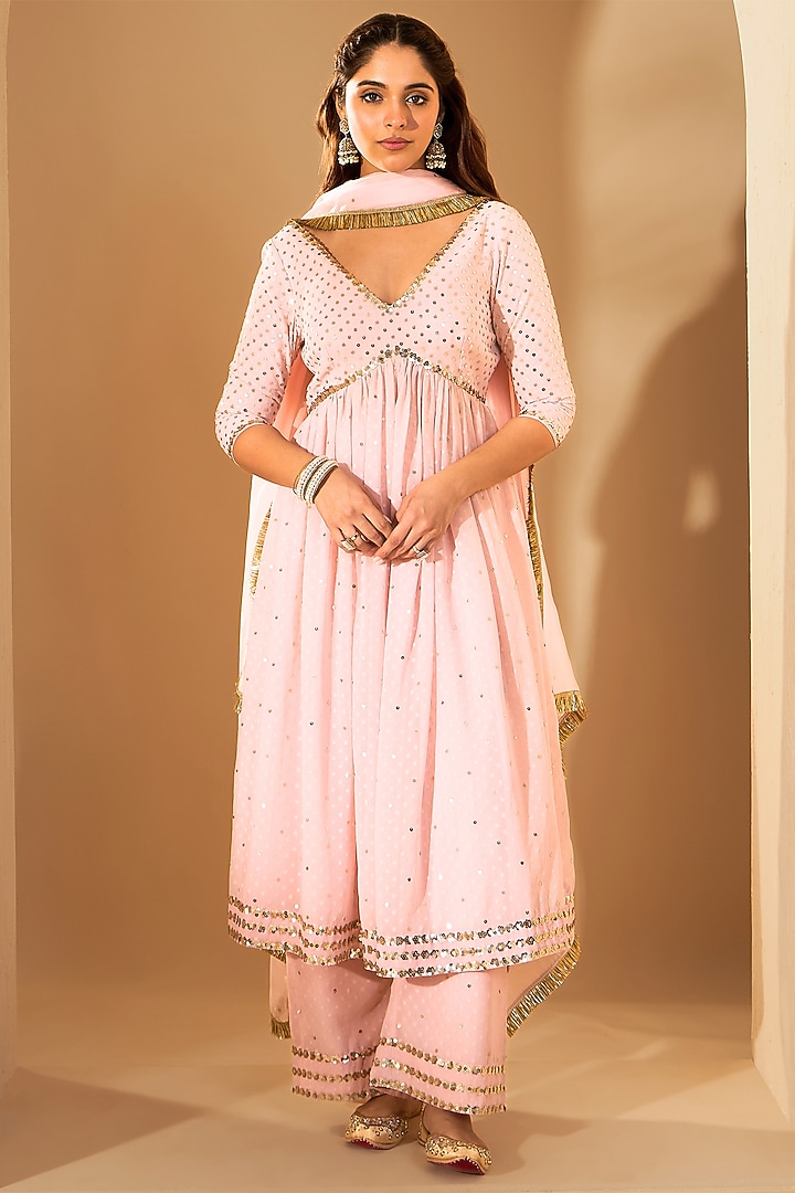 Pastel Pink Fine Georgette & Silk Organza Hand Embroidered Party Wear Anarkali Set by RoohbyRidhimaa at Pernia's Pop Up Shop