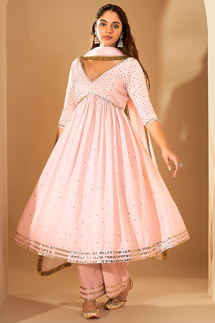 Pastel Pink Fine Georgette & Silk Organza Hand Embroidered Wedding Anarkali Set by RoohbyRidhimaa at Pernia's Pop Up Shop