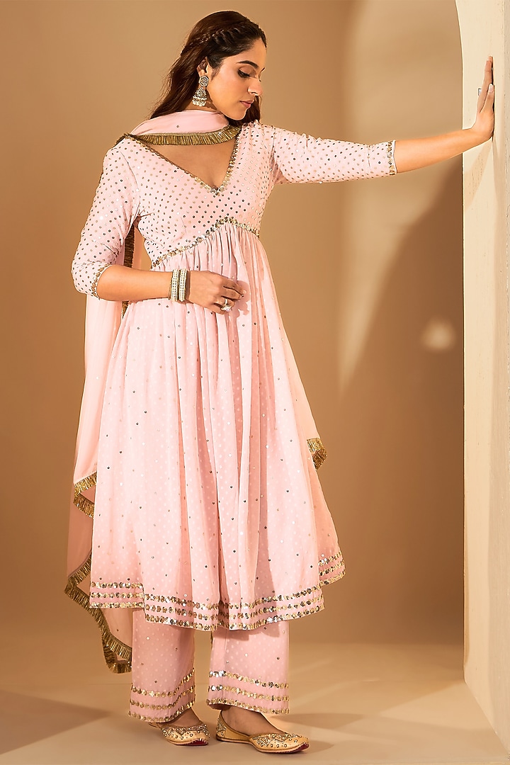 Pastel Pink Fine Georgette & Silk Organza Hand Embroidered Wedding Anarkali Set by RoohbyRidhimaa at Pernia's Pop Up Shop