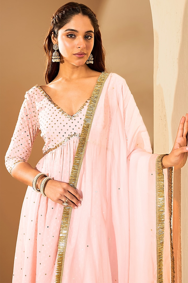 Pastel Pink Fine Georgette & Silk Organza Hand Embroidered Wedding Anarkali Set by RoohbyRidhimaa at Pernia's Pop Up Shop