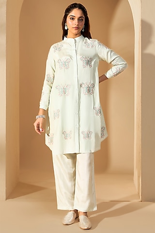 Powder Green Viscose Raw Silk Resham Embroidered Kurta Set by RoohbyRidhimaa