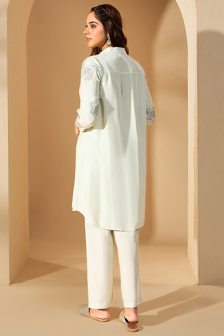 Powder Green Viscose Raw Silk Resham Embroidered Kurta Set by RoohbyRidhimaa at Pernia's Pop Up Shop