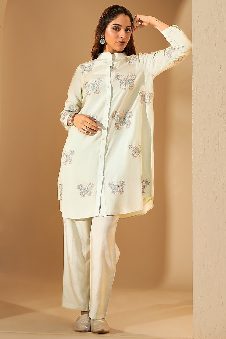 Powder Green Viscose Raw Silk Resham Embroidered Kurta Set by RoohbyRidhimaa at Pernia's Pop Up Shop
