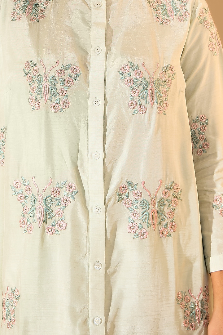 Powder Green Viscose Raw Silk Resham Embroidered Kurta Set by RoohbyRidhimaa at Pernia's Pop Up Shop