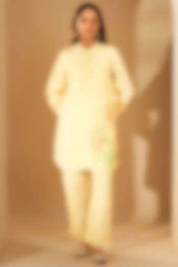 Powder Yellow Viscose Raw Silk Resham Embroidered Kurta Set by RoohbyRidhimaa at Pernia's Pop Up Shop