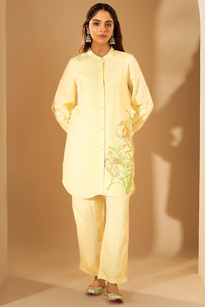Powder Yellow Viscose Raw Silk Resham Embroidered Kurta Set by RoohbyRidhimaa at Pernia's Pop Up Shop