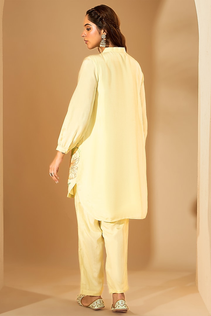 Powder Yellow Viscose Raw Silk Resham Embroidered Kurta Set by RoohbyRidhimaa at Pernia's Pop Up Shop