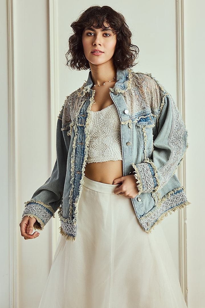 Light Blue Denim Hand Embroidered Boxy-Fit Jacket by Roseroom by Isha Jajodia at Pernia's Pop Up Shop