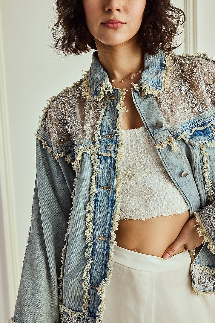 Light Blue Denim Hand Embroidered Boxy-Fit Jacket by Roseroom by Isha Jajodia at Pernia's Pop Up Shop