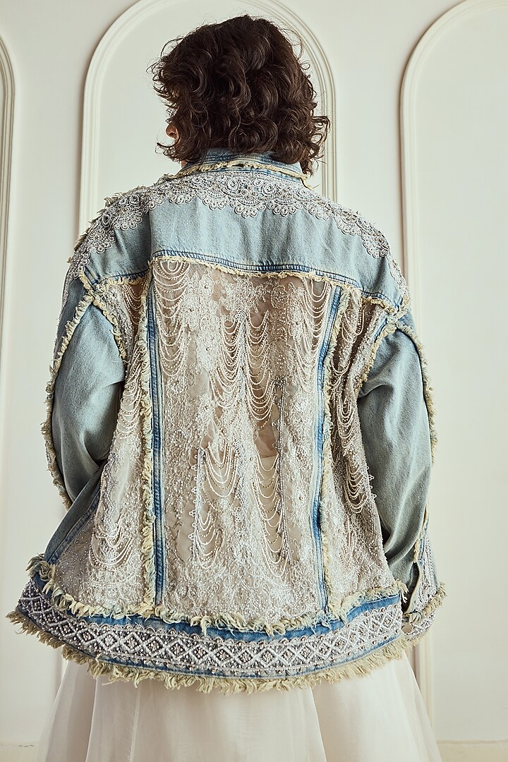 Light Blue Denim Hand Embroidered Boxy-Fit Jacket by Roseroom by Isha Jajodia at Pernia's Pop Up Shop