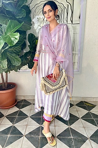 Mauve Grey Cotton Chanderi Embroidered Kurta Set by Sureena Chowdhri