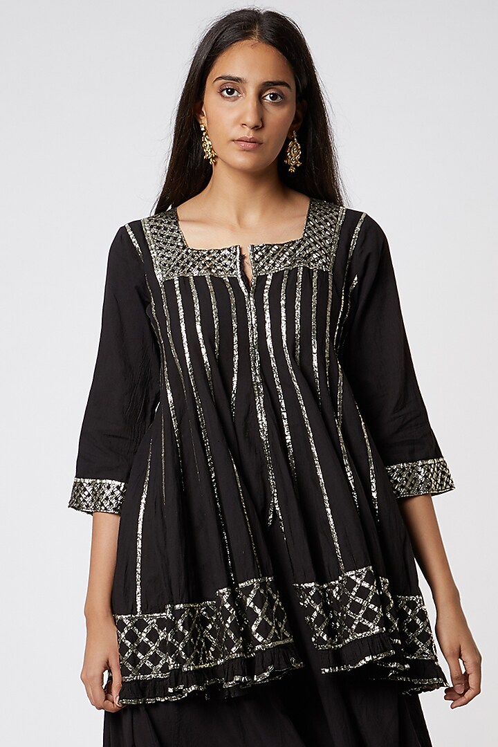 Black Embroidered Organic Cotton Kurta by Rose Tree at Pernia's Pop Up Shop