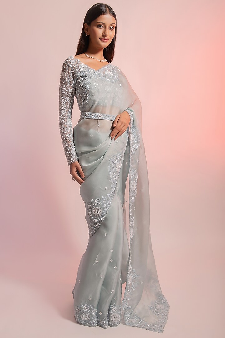 Sky Blue Embroidered Saree Set by Rouje