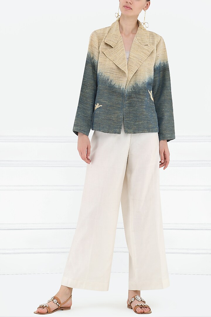 Beige dyed and embroidered motifs jacket available only at Pernia's Pop Up Shop.