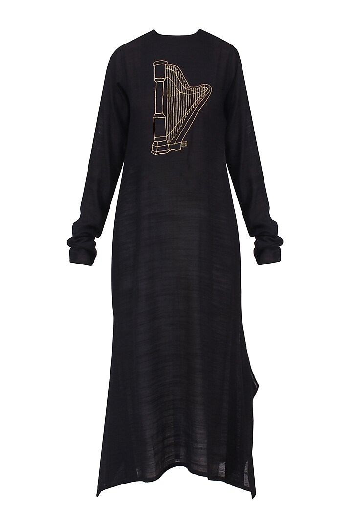 Black Harp Motif Embroidered Tunic Dress by Rouka