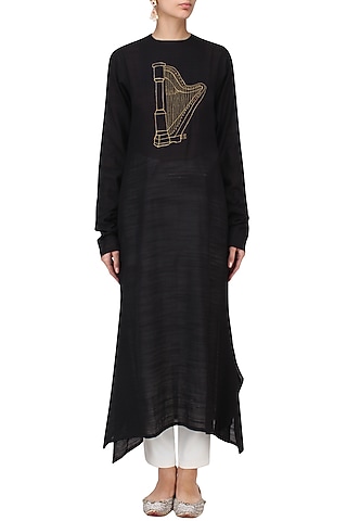 Black Harp Motif Embroidered Tunic Dress by Rouka