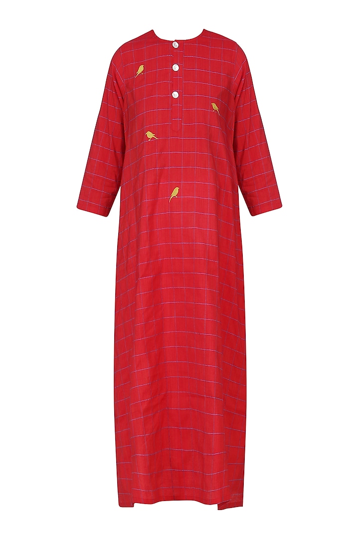 Red Bird Motif Embroidered Tunic Dress by Rouka