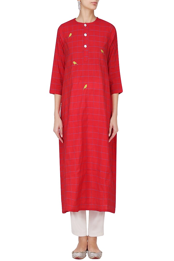 Red bird motif embroidered tunic dress available only at Pernia's Pop Up Shop.