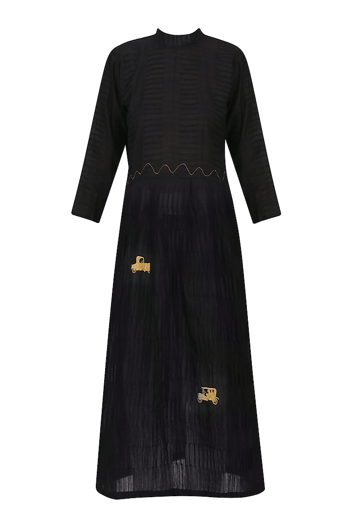 Black Vintage Car Motif Embroidered Tunic Dress by Rouka