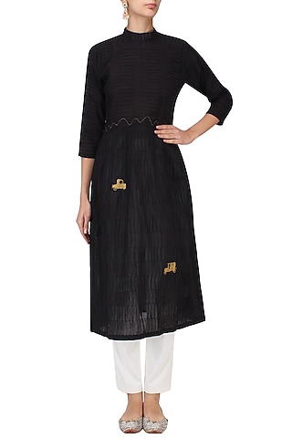 Black Vintage Car Motif Embroidered Tunic Dress by Rouka